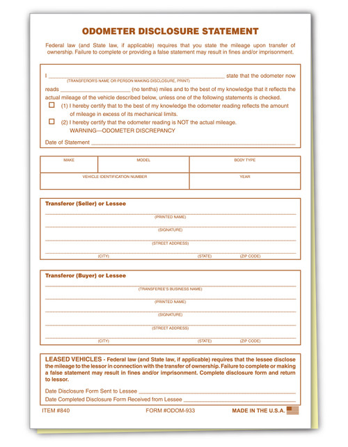 2-Part Odometer Disclosure Statements Compatible with ADP System (ODOM-933) - QTY. 100