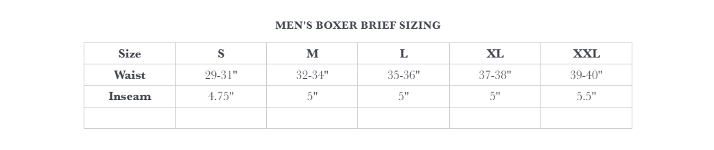 Boxer Briefs Size Chart. S: Waist 29-31 inches, 4 3/4 inch inseam; M: Waist 32-34 inches, 5 inch inseam; L: Waist 35-36 inches, 5 inch inseam; XL: Waist 37-38 inches, 5 inch inseam; XXL: Waist 39-40 inches, 5 1/2 inch inseam.