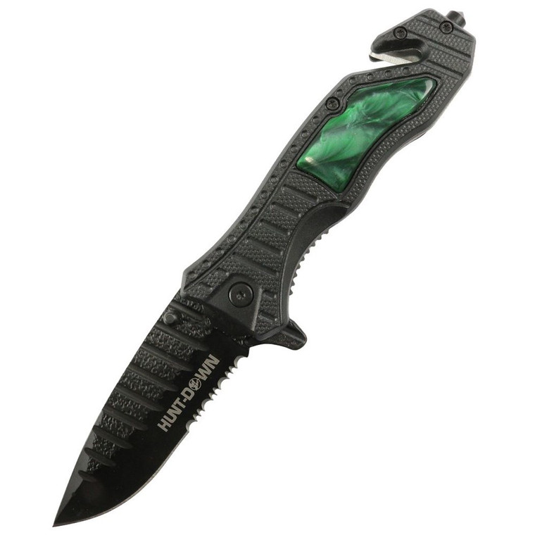 Hunt-Down 8.5 Green Spring Assisted Folding Knife Belt Cutter Glass Breaker 3CR13 Steel