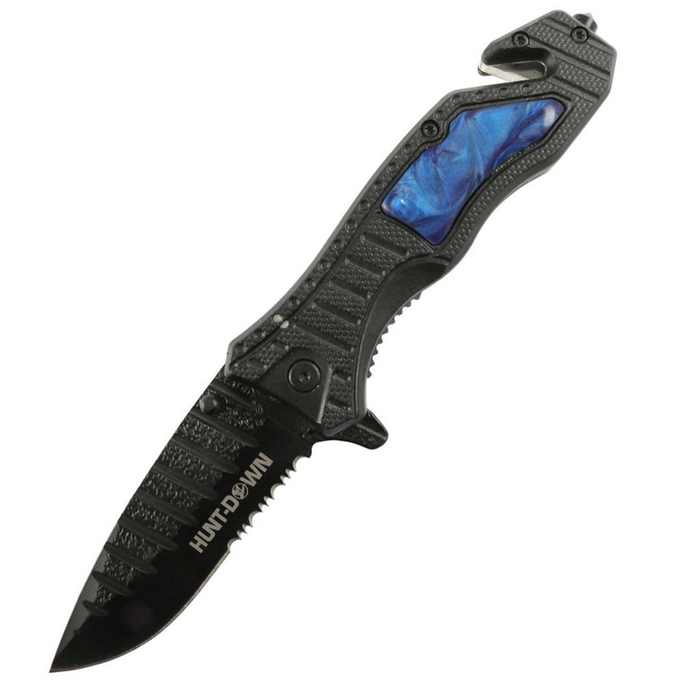 Hunt-Down 8.5 Blue Spring Assisted Folding Knife Belt Cutter Glass Breaker 3CR13 Steel