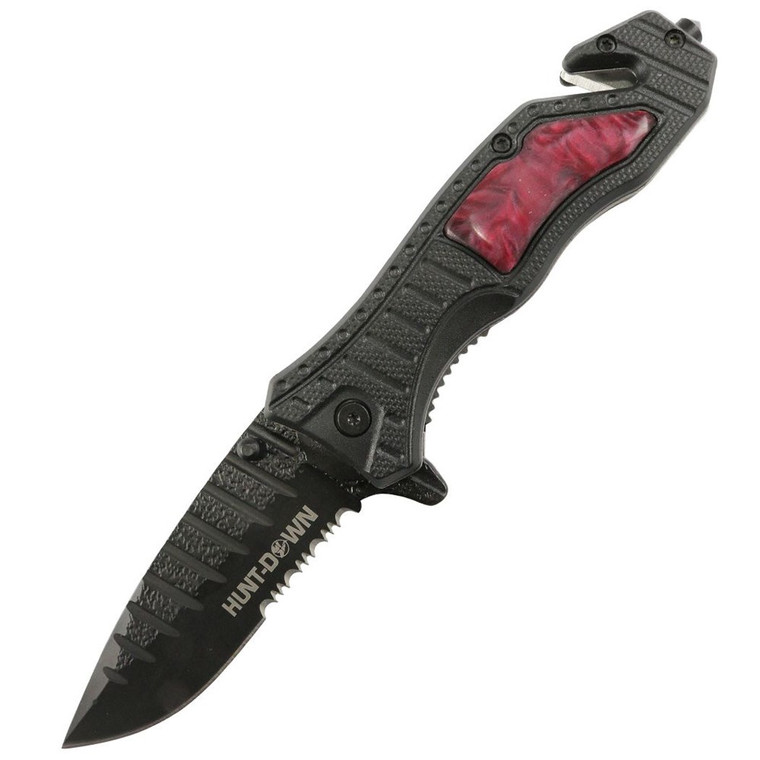Hunt-Down 8.5 Red Spring Assisted Folding Knife Belt Cutter Glass Breaker 3CR13 Steel