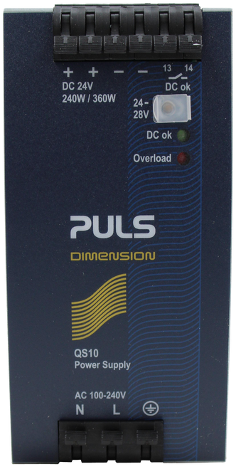 + + 
 13 
 14 
 DC 24V 
 DC ok 
 240W / 360W 
 24- 
 28V 
 DC ok 
 Overload 
 PULS 
 DIMENSION 
 QS10 
 Power Supply 
 AC 100-240V 
 N 
 L
