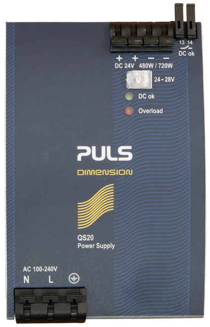 13 14 
 + + 
 ---- 
 DC o 
 DC 24V 480W / 720W 
 24-28V 
 DC ok 
 Overload 
 PULS 
 DIMENSION 
 QS20 
 Power Supply 
 AC 100-240V 
 N 
 L