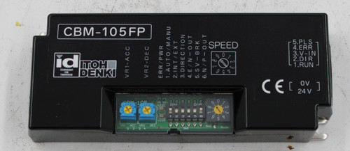 CBM-105FP 
 SPEED 
 5.PLS 
 4.ERR 
 3.V-IN 
 .2 3 
 id 
 0 
 2.DIR 
 ITOH 
 1.RUN 
 18 
 TECHNOLOGY 
 DENKI 
 O 
 TOMORROW 
 CET 
 OV 
 ERR /PWR 
 2. INT / EXT 
 1. AUTO / MANU 
 VR2 - DEC 
 6. N / P -OUT 
 4. E / N-OUT 
 5. SV - BRK 
 VR1 - ACC 
 3. DIRECTION 
 24 V 
 000 
 O 
 ON 
 ED2 
 UR1 
 ACC 
 VR2 
 DEC 
 SW2 
 Made 
 1 2 
 3 4 
 SHI 
 100513749 
 SRS Legacy # / CRef: 
 1153930 
 100513749 
 DRIVERCARD,ITOH CBM-105FP
