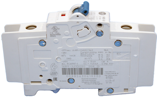 50/60HZ 
 A.B 1489 M 
 P16 78 14 20 18 
 D SA 
 UL 459 
 LISTED 
 CB 1Pole 
 loue No 0109055 
 E 197878 
 -277V acc. UL489 / CSA22.2 No.5 
 10KA 
 = 48V 
 Current Limiting AWG 
 in - lbs 
 80 k A2 s , 60 Hz 
 9.5 kA peak 
 18-16 
 IEC 
 40℃ HACR 
 13.3 
 SWD 
 60 /75℃ 
 14-10 
 17.7 
 8-4 
 39.8 
 2.8Nm 
 -230V 
 Icu = 15 kA 
 Cat. A 
 acc. IEC60947-2 
 Ics = 11.25 KA 
 U imp. 4 k V 
 1489-M1D050 
 SER. D 
 1 wire AWG 18-4 
 25% 
 2-4 wires AWG 18-10 
 00885630619330 
 max. 2 wires per slot 
 UL 14. 1mm 
 EAL 
 Rockwell Automation 
 IEC 12.5mm 
 N-D165258 
 1201 South 2nd Street 
 Milwaukee, WI 53204 USA 
 CU 
 Product of Bulgaria 
 only