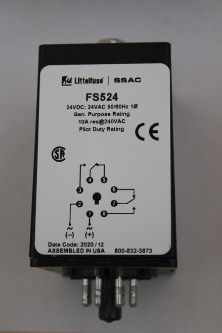 Littelfuse |SSAC 
 FS524 
 24VDC; 24VAC 50/60Hz 1Ø 
 Gen. Purpose Rating 
 10A res@240VAC 
 Pilot Duty Rating 
 CE 
 SE 
 3 
 8 
 (-) 
 (+) 
 Date Code: 2020 / 12 
 ASSEMBLED IN USA 
 800-832-3873