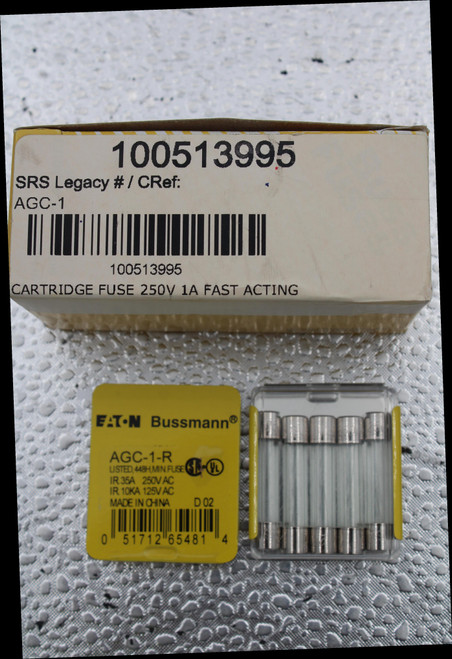100513995 
 SRS Legacy # / CRef: 
 AGC-1 
 100513995 
 CARTRIDGE FUSE 250V 1A FAST ACTING 
 EAT.N Bussmann® 
 AGC-1-R 
 LISTED 448H.MIN FUSE E-UL 
 IR 35A 250V AC 
 IR 10KA 125V AC 
 MADE IN CHINA 
 D 02 
 0 
 51712 65481 
 4