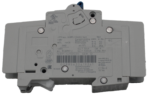 YLJUS 
 LISTED 
 B 1 Pole 
 lecture No.0109055 
 E197878 
 -277V acc. UL489 / CSA22.2 No.5 
 10KA 
 -48V 
 Current Limiting AWG in-lbs 
 40℃ HACR 
 80 kAª s,60 Hz 
 18-16 
 13.3 
 IE C 
 9.5 kA peak 
 SWD 
 60/75℃ 
 14-10 
 17.7 
 8-4 
 39.8 
 2.8Nm 
 -230V 
 Icu = 15 KA 
 Cat. A 
 acc. IEC60947-2 
 Ics = 11.25 kA 
 U imp. 4 kV 
 1489-M1D020 SER. D 
 I wire AWG 18-4 
 25 
 7-4 wires AWG 18-10 
 00885630619361 
 max. 2 wires per slot 
 UL. 14. 1mm 
 ERIC 
 Rockwell Automation 
 EC 12.5mm 
 PN-DI65755 
 1201 South 2nd Street 
 Milwaukee, W1 53704 USA 
 Product of Bulgaria 
 CU only