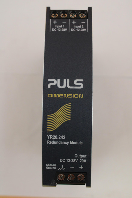+ 
 + 
 - 
 Input 1 
 Input 2 
 DC 12-28V 
 DC 12-28V 
 PULS 
 DIMENSION 
 YR20.242 
 Redundancy Module 
 Output 
 DC 12-28V 20A 
 Chassis 
 Ground 
 - 
 + 
 4