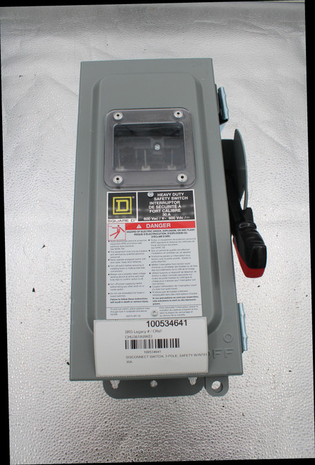ON 
 HEAVY DUTY 
 SAFETY SWITCH 
 INTERRUPTOR 
 SÉCURITE A 
 DE SECUR 
 FORT CALIBRE 
 30 A 
 SQUARE D 
 600 Vac / V~ 600 Vdc / ... 
 A DANGER 
 HAZARD OF ELECTRIC SHOCK, EXPLOSION, OR ARC FLASH 
 N, OR ARC FL 
 ARDOREDIELECTROCUTION, D'EXPLOSION OU 
 RISQUE D'ELECTROCUTION, DE 
 D'ÉCLAIR D'ARC 
 Apply appropriate personal protective · Portez un équipement de protection personnel 
 runment (PPE) and follow safe 
 proprie et observez les methodes de 
 equipment (PPE) and follow 
 electrical work practices. 
 (EPP) approprié et obs 
 electrical work prac 
 travail électrique sécuritaire. 
 See NFPA 70E. 
 travail electrique se 
 Voir NFPA 70E. 
 · Saul'un personnel 
 · This equipment must only be installed · Seul un personnel qualifié doit effectuer 
 just only be insta 
 and serviced by qualified electrical 
 and serviced 
 l'installation et l'entretien de cet appareil. 
 personnel. 
 Never operate energized switch with 
 N'actionnez jamais un interrupteur sous 
 operate energet 
 ctionnez jamais un mer 
 tension avec la porte ouverte. Garder 
 door open. Keep door fastened 
 porte attachée 
 rte attachee. 
 · Turn off switch before removing or 
 . Turn Off switch for making load side 
 z l'interrupteur hors tension avendo faire 
 Mettez l'interrupisaller des fusibles ou de fa 
 nstalling fuses or making load 
 connections. 
 des raccordements sur le côté de la charge. 
 se a properly rated voltage 
 . Always Use amtelling and land 
 ujours un dispositif de détection de 
 . Utilisez toujours un disposit 
 sensing device at all line and load 
 tension à valeur nominale appropriée sur 
 uco pline to confir 
 tension a vara fusibles du côté ligne et 
 fuse clips to confirm switch is of 
 toutes les porte-fusibles du cote ligne et 
 charge pour s'assurer que l'interrupteur soit 
 f power supplying switch 
 hors tension. 
 before doing any other work on 
 before doing and 
 hors tension 
 Coupez l'alimentation de l'Interrupteur avant 
 Inside switch 
 d'y faire tout autre travail. 
 . Do not use renewable link fuses in 
 N'utilisez pas de fusibles à élément 
 fused switches. 
 "lisez pas de fusibles a er 
 remplaçable dans des interrupteurs à fusible. 
 Failure to follow these instructions 
 will result in deat 
 Si ces précautions ne sont pas respectées 
 will result in death or serious injury 
 Si ces precaution 
 cela entraînera la mort ou des blessures 
 To lock out switch, place padlock has 
 through hole in lockplate and 
 Pour verrouiller l'interrupteur, placer le 
 moraillon du cadenas 
 enas à travers le trou 
 moraillon du cadenas a travers let 
 handle. 
 dans la plaque de verrouillage et 
 40275-991-02 
 u-dessus de la manette. 
 100534641 
 SRS Legacy # / CRef 
 CHU361AWKEI 
 10053464 
 FF 
 DISCONNECT SWITCH, 3-POLE, SAFETY W/INTER 
 30A