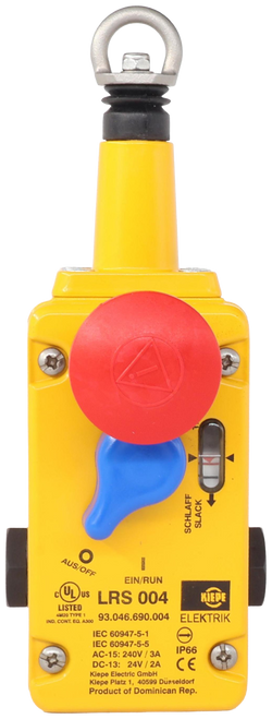 A 
 SLACK 
 SCHLAFF 
 AUS/OR 
 EIN/RUN 
 (UL) US LRS 004 
 LIEDE 
 LISTED 
 4M20 TYPE 1 
 ND. CONT. EQ. A30. 93.046.690.004 
 ELEKTRIK 
 IEC 60947-5-1 
 AC-15: 240V / 3/ 
 IP66 
 DC-13: 24V / 2A 
 DC-13: 24V / 2A 
 CE 
 Klepe Platz 1. 40599 Düsseldorf 
 Product of Dominican Rep