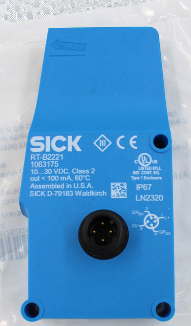 SENDER 
 DILECE 
 SICK 
 CE 
 RT-B2221 
 DILECIJAG 
 1063175 
 10 ... 30 VDC, Class 2 
 LISTED BYLL 
 IND. CONT. EQ. 
 out < 100 mA, 60℃ 
 Type 1 Enclosure 
 Assembled in U.S.A. 
 SICK D-79183 Waldkirch 
 IP67 
 LN2320 
 - COULE CHOU 
 SICKD-13183 MSIqK 
 DV- 
 10831123354 
 /ГИЗЗЛА 
 100558135 
 SRS Legacy # / CRef: 
 RT-B2221 
 100558135 
 PHOTOEYE - SENSOR ONLY, PROXIMITY PE, DO, PIN 4 
 PNP - 1063175 
 18