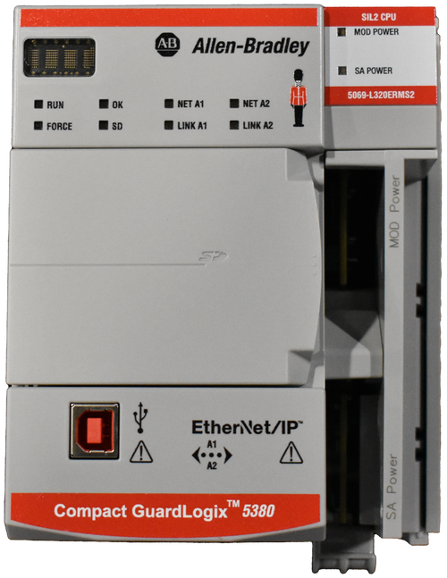 SIL2 CPU 
 AB 
 Allen-Bradley 
 MOD POWER 
 SA POWER 
 NET A1 
 NET A2 
 5069-L320ERMS2 
 RUN 
 OK 
 FORCE 
 SD 
 LINK A1 
 LINK A2 
 MOD Power 
 EtherNet/IP™ 
 A1 
 ( ... ) 
 A2 
 Compact GuardLogix™ 5380 
 SA Power