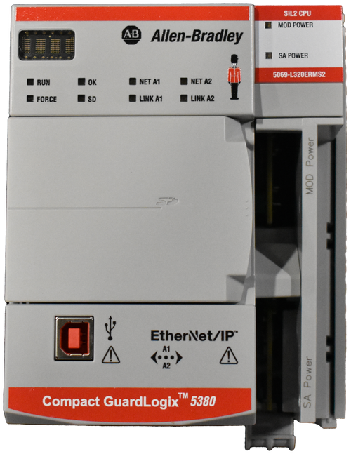 SIL2 CPU 
 AB 
 Allen-Bradley 
 MOD POWER 
 SA POWER 
 NET A1 
 NET A2 
 5069-L320ERMS2 
 RUN 
 OK 
 FORCE 
 SD 
 LINK A1 
 LINK A2 
 MOD Power 
 EtherNet/IP™ 
 A1 
 ( ... ) 
 A2 
 Compact GuardLogix™ 5380 
 SA Power