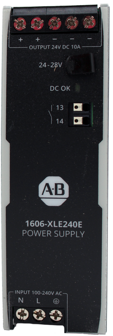 + 
 + 
 - 
 OUTPUT 24V DC 10A 
 24-28V 
 DC OK 
 | 13 
 14 
 A.B 
 1606-XLE240E 
 POWER SUPPLY 
 INPUT 100-240V AC: 
 N 
 L