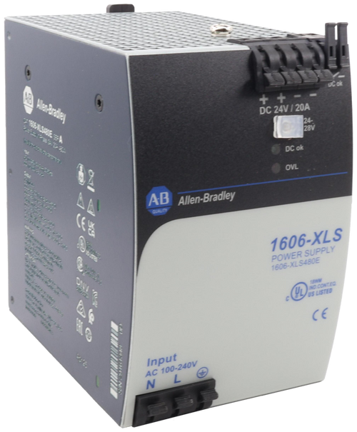 Alen-Bradley 
 UCH 
 + + - 
 DC 24V / 20A 
 24- 
 28V 
 DC ok 
 bVL 
 AB 
 Allen-Bradley 
 1606-XLS 
 POWER SUPPLY 
 1606-XLS480F 
 NO CONTEC 
 UL IS LISTED 
 CE 
 Input 
 AC 100-240V 
 N 
 L