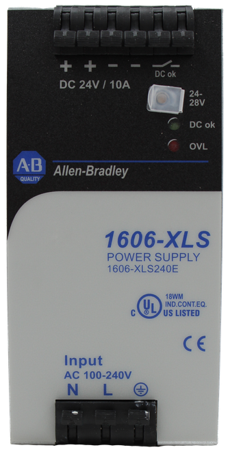 + + -- 
 DC ok 
 DC 24V / 10A 
 24- 
 28V 
 DC ok 
 OVL 
 A.B 
 Allen-Bradley 
 QUALITY 
 1606-XLS 
 POWER SUPPLY 
 1606-XLS240E 
 18WM 
 IND.CONT.EQ. 
 C 
 US LISTED 
 CE 
 Input 
 AC 100-240V 
 N 
 L 
 100634639 
 SRS Legacy # / CRef: 
 1606-XLS240E 
 POWER SUPPLY - 24VDC 10A 
 100634639 
 03-10- 03C