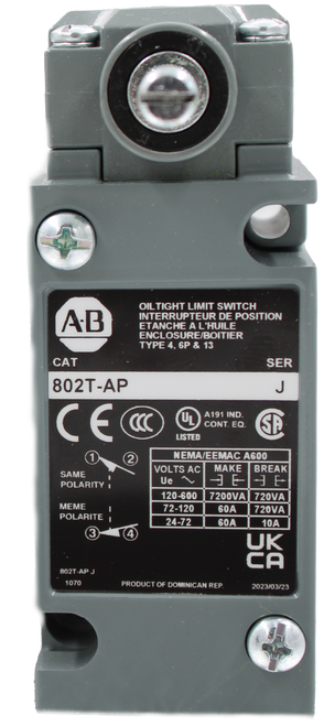 100634640 
 SRS Legacy # / CRef: 
 802T-AP 
 A.B 
 OIL TIGHT LIMIT SWITCH 
 INTERRUPTEUR DE POSITION 
 ETANCHE A L'HUILE_ 
 ENCLOSURE/BOITIER 
 6P & 13 
 CAT 
 SER 
 100634640 
 802T-AP 
 J 
 LIMIT SWITCH - (TIP CHUTE) 
 CE 
 UL 
 A191 IND. 
 CONT. EQ. 
 SP 
 LISTED 
 1 
 2 
 NEMA/EEMAC A600 
 SAME 
 VOLTS AC | MAKE 
 Ue 1 
 BREAK 
 POLARITY I 
 120-600 
 7200VA 720VA 
 MEM 
 72-120 
 60A 
 POLARITE 
 720VA 
 24-72 
 34 
 60A 
 10A 
 UK 
 CA 
 802T-AP J 
 1070 
 PRODUCT OF DOMINICAN REP. 
 2023/03/23