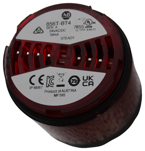 A.B 
 INP 
 CONT 
 856T-BT4 
 CULUS 
 A.B 
 BULLETIN 
 856T 
 SER. A 
 7R55 LISTED 
 24VAC/DC 
 50/60Hz MAX. 58mA 
 24VAC/DC 
 UL TYPE 4/4X/13 
 LED STEADY 
 RED 
 58mA 
 LED FIXE 
 ROUGE 
 STEADY 
 LED DAUER 
 ROT 
 LED FISSA 
 ROSSO 
 LED FIXA 
 VERMELHO 
 LED PERMANENTE 
 ROJO 
 c CUL 
 Us 
 LISTED 
 D' 
 UL TYPE 4/4X/13 
 IP66/67 
 CAT 
 SER 
 R-REM-RAA-856T 
 856T-BT4 
 A 
 CERCA 
 25 
 ČA 
 PN-489365 
 IP 66/67 
 2003960 
 Product of AUSTRIA 
 00191326530439 
 MF 595 
 PRODUCT OF AUSTRIA 
 MF 
 Rockwell Automation 1201 S 2ND ST, MILWAUKEE, WI 53204, USA