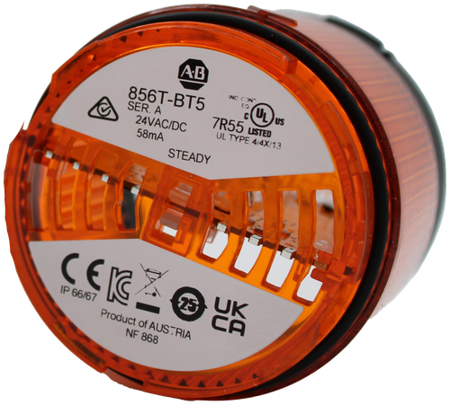 A.L 
 IND 
 CON 
 100634771 
 856T-BT5 
 EQ 
 C 
 UL 
 SER. A 
 US 
 7R55 USTED 
 24VAC/DC 
 UL TYPE 4/4X/13 
 58mA 
 S Legacy # / CRef: 
 STEADY 
 56T-BT5 
 100634771 
 BEACON - STACK LIGHT, STEADY LED, 24VAC/DC, 70 
 IP 66/67 
 AMBER 
 Product of AUSTRIA 
 NF 868