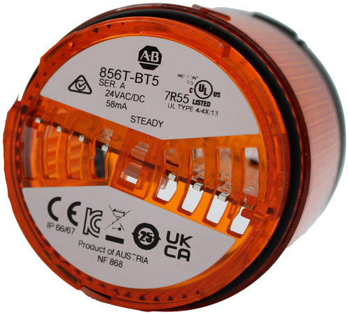 A.L 
 IND 
 CON 
 100634771 
 856T-BT5 
 EQ 
 C 
 UL 
 SER. A 
 US 
 7R55 USTED 
 24VAC/DC 
 UL TYPE 4/4X/13 
 58mA 
 S Legacy # / CRef: 
 STEADY 
 56T-BT5 
 100634771 
 BEACON - STACK LIGHT, STEADY LED, 24VAC/DC, 70 
 IP 66/67 
 AMBER 
 Product of AUSTRIA 
 NF 868