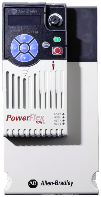 AD) Allen-Bradley 
 Esc 
 Sel 
 PowerFlex 
 PORT 
 MOD 
 . 
 525 
 NET A 
 NET B . 
 A.B 
 Allen-Bradley