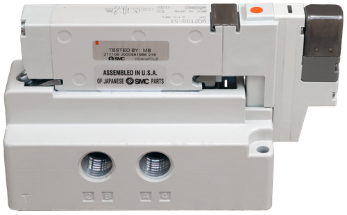 NONSO 
 dvr NI 30VW 
 1-0 . 7MPa 
 VQ2100-517 
 2 TESTED BY: MB 
 2111 
 9 J000981986 2 
 COSMO 
 INDIANAPOLIS 
 ASSEMBLED IN U.S.A. 
 OF JAPANESE SMIC PARTS 
 T 
 2 B 
 A 4