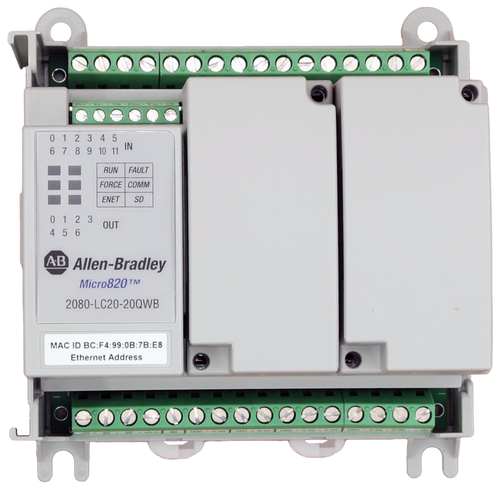 0 1 23 45 
 6 7 8 9 10 11 IN 
 RUN FAULT 
 FORCE COMM 
 ENET SD 
 0 123 
 4 5 6 
 OUT 
 AB Allen-Bradley 
 Micro820™M 
 2080-LC20-20QWB 
 MAC ID BC:F4:99:0B: 7B: E8 
 Ethernet Address