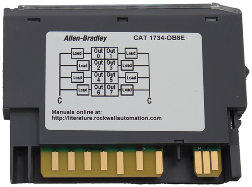 Allen-Bradley 
 CAT 1734-OB8E 
 Load 
 Out |Out 
 0 
 1 
 Load 
 Out 
 Out 
 Load 
 2 
 3 
 Load 
 Out 
 Out 
 Load 
 4 
 5 
 Load 
 Out 
 Load 
 Out 
 6 
 7 
 Load 
 C 
 Manuals online at: 
 http://literature.rockwellautomation.com