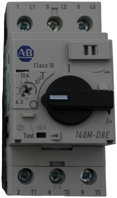 1 L1 3 
 L2 5 L3 
 100676760 
 A.B 
 SRS Legacy # / CRef: 
 Class 10 
 140M-DBE-C10 
 10 A 
 100676760 
 6.3 
 MOTOR PROTECTION CIRCUIT BREAK 
 [33] 1 ; 130 A 
 Test 
 140M-D8E 
 2 T1 
 4 T2 
 6 T3