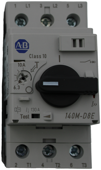 1 L1 3 
 L2 5 L3 
 100676760 
 A.B 
 SRS Legacy # / CRef: 
 Class 10 
 140M-DBE-C10 
 10 A 
 100676760 
 6.3 
 MOTOR PROTECTION CIRCUIT BREAK 
 [33] 1 ; 130 A 
 Test 
 140M-D8E 
 2 T1 
 4 T2 
 6 T3