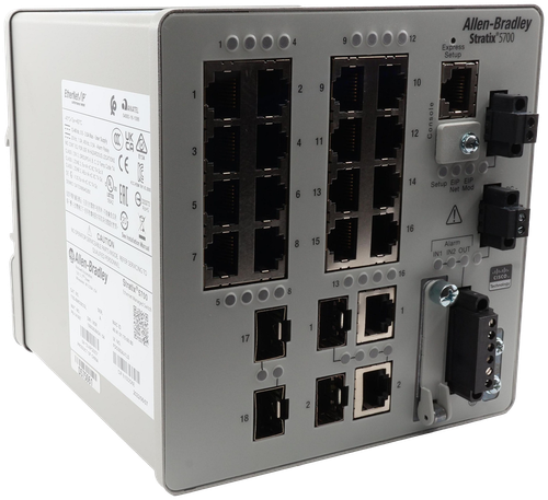 Allen-Bradley 
 Stratix®5700 
 . 
 12 
 9 
 4 
 10 
 1 
 9 
 2 
 1 
 11 
 4 
 OANATEL 
 EtherNet/IP 
 04583-16-1086 
 ==- 12-48Vdc, 05-3.04 Max - User Supply 
 **. 3Ndc, 1.04: 48Vdc, 0.54 - Alarm Relay 
 E134 
 NO.CONT. EQ FOR USE IN HAZARDOUS LOCATIONS 
 CLASS I, DIV/ 2, GROUPS A, B, C, D Temno Code T4 
 KOC-REM-TNY-JE-2000 
 CE @ 13G Ex nA nC NIC T4 G: 
 DEMKO 12ATEX8694536X 
 LISTED 
 58A2 
 ROHS 
 總是早期的資產品,在居住技發達户使用時 可能會造成射 
 果子 產區建產業況下 使用者會被要求採取某些活書的封策。 
 See Installation Manual 
 A 
 CAUTION 
 NO OPERATOR SERVICEABLE PARTS INSIDE, REFER SERVICING TO 
 QUALIFIED PERSONNEL 
 49 Allen-Bradley 
 Stratix® 5700 
 Ethernet Managed Switch 
 1782-8M3230GL 
 MAT.NO. 
 A 
 MAC ID 
 PN-141667 
 DRIVER 
 40:41:01:75:50:80 
 UL. NO. 
 FDO2524J1LS 
 PRODUCT OF CHINA 
 CIP 610220SE 
 0575061 
 2022/06/07 
 3 
 13 
 6 
 16 
 Alarm 
 IN1 IN2 OUT 
 CISCO 
 5 
 15 
 D33272 
 8 
 16 
 13 
 7 
 1 
 8 
 5 
 1 
 17 
 2 
 SER 
 10033622424 /04 
 2 
 18 
 Express 
 Setup 
 Console 
 12 
 Setup EIP EIP 
 Net Mod 
 14 
 CLASS ), ZONE 2, Ex nA nCIC T4 GCX 
 2 
 CLASS ( ZONE 2, AEX RĂ TO IC TA GC 
 Technology 
 C 
 C 
 CAT.NO