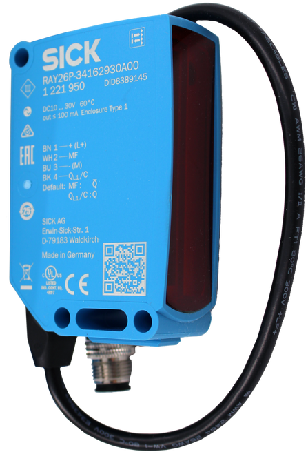 WW 
 ICK 
 .com 
 SICK 
 CK 
 RAY26P-34162930A00 
 1 221 950 
 DID8389145 
 DC10 ... 30V 60℃ 
 out ≤ 100 mA Enclosure Type 1 
 BN 1-+(L+) 
 WH 2-MF 
 BU 3 -- (M) 
 BK 4-QL1/C 
 ICK.co 
 Default: MF : § 
 QL1/C:Q 
 SICK AG 
 Erwin-Sick-Str. 1 
 D-79183 Waldkirch 
 Made in Germany 
 CE 
 100690081 
 100690081 
 ICK 
 NOOE DOOR ILH & H/I OMVOZ WMV 
 MULTITASK PHOTOELECTRIC SENSORS REFLEX ARRAY 
 1221950 
 SRS Legacy # / CRef: 
 ICK 
 SICK 
 SICK 
 AWM 2464 
 ADOP 
 4-MA OMY92