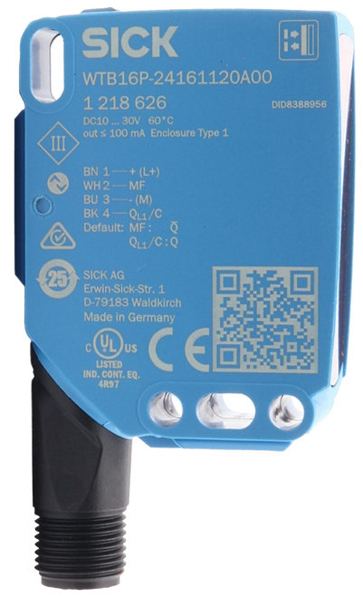 SICK 
 WTB16P-24161120A00 
 1 218 626 
 DID8388956 
 DC10 ... 30V 60°℃ 
 ut ≤ 100 mA Enclosure Type 1 
 1-+ (L+ 
 WH2-M 
 BU 3 
 BK 
 QL1/C 
 Default: MF : 
 QL1/C: Q 
 SICK AG 
 Erwin-Sick-Str. 1 
 D-79183 Waldkirch 
 Made in Germany 
 KUL) US 
 LISVED 
 CE 
 IND. CONT. EQ