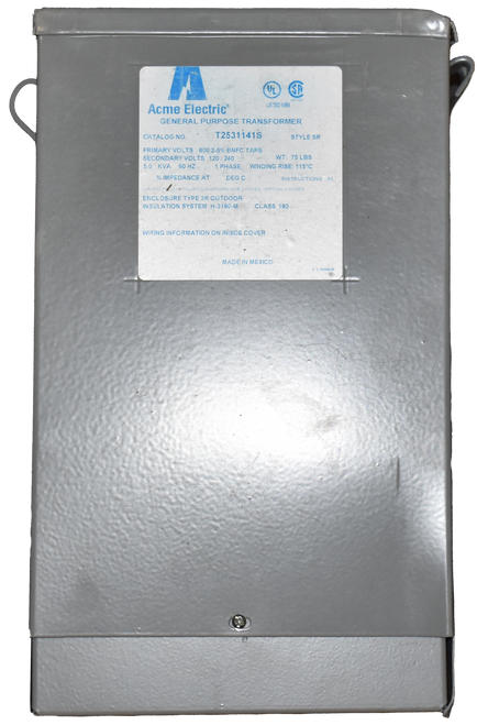 Acme Electric 
 LISTED 5089 
 GENERAL PURPOSE TRANSFORMER 
 CATALOG NO. 
 T2531141S 
 STYLE SR 
 PRIMARY VOLTS 600 2-5% BNFC TAPS 
 SECONDARY VOLTS 120 / 240 
 0 KVA 60 HZ 
 WT: 75 LBS 
 BE IMPEDANCE A. 
 SE WINDING RISE: 115℃ 
 MIPEDANCE AT DEG C 
 INSTRUCTIONS A1 
 ISTALLED CLEARANCES SIDE # 
 ENCLOSURE TYPE 3R OUTDOOR 
 4 INCHES 
 ENCLOSURE TYPE SR OUTDOOR 
 INSULATION SYSTEM H-3180-M 
 CLASS 180 
 WIRING INFORMATION ON INSIDE COVER 
 MADE IN MEXICO