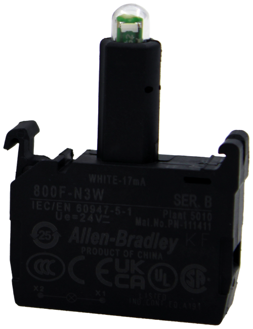 WHITE-17mA 
 800F-N3W 
 SER. B 
 IEC/EN 60947-5-1 
 Ue=24V_ 
 Plant 5010 
 Mal. No.PN-111411 
 25 
 Allen-Bradley 
 PRODUCT OF CHINA 
 X2