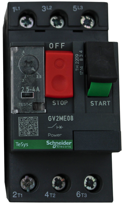 1L1 
 3L2 
 5L3 
 Schneider 
 100749597 
 SRS Legacy # / CRef: 
 OFF 
 GV2ME08 
 TH 2209 
 25 
 17:14 B 3 4 
 100749597 
 2.5-4A 
 MANUAL MOTOR STARTER 2.5-4A (FOR 480VA@ 
 TEST< 
 STOP 
 START 
 DCPS2) 
 GV2ME08 
 Power 
 TeSys 
 Schneider 
 2T1 
 4T2 
 6T3