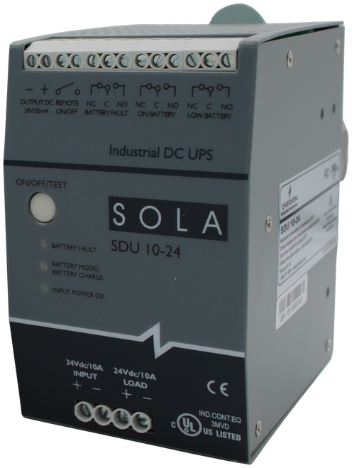 1 
 - 
 ing the load. 
 battery charge for 8 hours before 
 LOW BATTERY 
 OUTPUT DC REMOTE NC C NO NC C NO NC C NO 
 24V/35mA ON/OFF BATTERY FAULT ON BATTERY 
 ect the UPS to an AC source and 
 Industrial DC UPS 
 R & 
 100750947 
 THE BATTERY 
 ON/OFF/TEST 
 EMERSON 
 SOLA 
 SRS Legacy # / CRef: 
 SDU 10-24 
 Marinun sunntigy ar depomme 
 SDU 10-24 
 BATTERY FAULT 
 SDU 10-24 
 BATTERY MODE/ 
 BATTERY CHARGE 
 100750947 
 INPUT POWER OK 
 240 VA, 24 V/10 A DIN Rail DC UPS power module 
 SN: 12118000187 
 24Vdc/10A 
 INPUT 
 24Vdc/10A 
 + 
 LOAD 
 CE 
 - 
 - 
 IND.CONT.EQ 
 COOL 
 3MVD 
 US LISTED