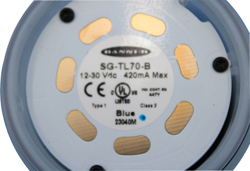 BANDE :! 
 SG-TL70-B 
 12-30 Vdc 420mA Max 
 CE . VI 
 Us 
 IND. CONT. EQ 
 44TY 
 Type 1 
 USTED 
 Class 2 
 Blue 
 23040M