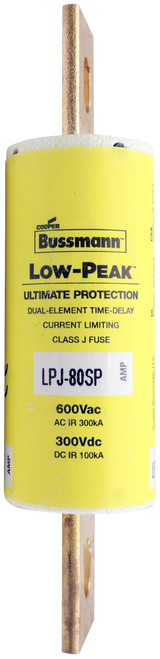 COOPER 
 vSS 
 Bussmann® 
 LOW-PEAK 
 ULTIMATE PROTECTION 
 DUAL-ELEMENT TIME-DELAY 
 UL 
 CURRENT LIMITING 
 CLASS J FUSE 
 LPJ-80SP 
 AMP 
 600Vac 
 AC İR 300KA 
 300Vdc 
 DC IR 100kA 
 AMP
