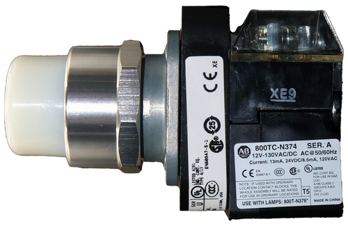 XE9 
 CE x 
 AB 
 800TC-N374 
 SER. A 
 12V-130VAC/DC AC@50/60Hz 
 LONA 24VDC/8.5mA, 120VAC 
 .SE/Y 
 Current: 13mA, 24VDC/8 
 CE 50947-5-1 CCC SE UL LISTED 
 EN60947-5-1 
 FOR USE IN HAZ 
 TE: IF USED WITH ORDINARY 
 LOCATION CONTACT BLOCKS, 
 WHOLE ASSEMBLY WILL BE RATED 
 GROUPS A 
 DIV. 2 LOC. 
 USE WITH LAMPS: 800T-N376* | MADE IN CHINA 
 STAM, USA