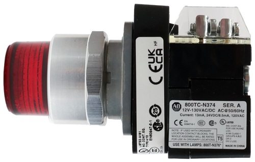 HF 
 U 
 AB 
 800TC-N374 
 SER. A 
 *A 12V-130VAC/DC AC@50/60Hz 
 Current: 13mA, 24VDC/8.5mA, 120VAC 
 $25 
 CE BOATS1 
 ULLISTED 
 IND. CONT. EQ. 
 FOR USE IN HAZ 
 NOTE: IF USED WITH ORDINARY 
 LOC 
 LOCATION CONTACT BLOCKS, THE 
 A196 CLASS 1 
 WHOLE ASSEMBLY WILL BE RATED 
 HATED 
 T5 
 GROUPS A.B.C 
 FOR USE IN ORDINARY LOCATIONS 
 OR D 
 DIV. 2 LOC. 
 EN60947-5-1 
 USE WITH LAMPS: 800T-N376' 
 MADE IN CHINA 
 IND. CONT. EQ 
 TYPE 4/13 
 LISTED A191 
 STA USA