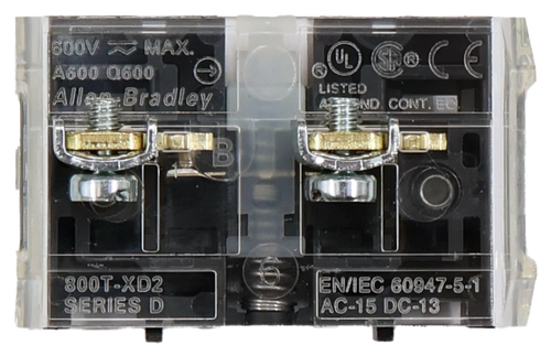 600V ~MAX. 
 A600 Q600 
 CUL 
 SÃO CE 
 Alles Bradley 
 LISTED 
 ATSIND. CONT. EC 
 800T-XD2 
 SERIES D 
 EN/IEC 60947-5-1 
 AC-15 DC-13