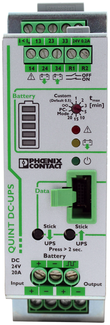 I< IN 13 23 
 33 
 24V 0.2A 
 14 
 24 
 34 
 R1 
 R2 
 -OFF 
 9+ 
 ON 
 Battery 
 Custom 
 (Default 0.5) 
 2 
 Emax 
 00 
 3 [min] 
 PC- 
 Mode 
 -5 
 20 15 10 
 - 
 PHOENIX 
 CONTACT 
 Data 
 Stick 
 Stick 
 UPS 
 UPS 
 Press > 2 sec. 
 Battery 
 QUINT DC-UPS 
 DC 
 24V 
 + 
 - 
 20A 
 Input 
 Output 
 + 
 - 
 + 
 100770009 
 SRS Legacy # / CRef: 
 2320238 
 100770009 
 QUINT-UPS/24DC/24DC/20 
 PI 
 FI