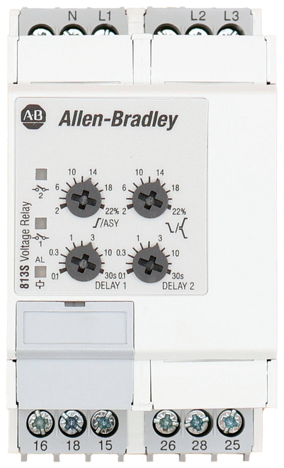 L2 
 L3 
 AB 
 Allen-Bradley 
 10 
 18 
 TIASY 
 0. 
 10 0.3 
 01 
 30s 01" 
 DELAY 1 
 DELAY 
 813S Voltage Relay 
 16 
 28 
 25