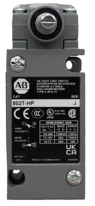 DSKÝ 
 AB 
 OIL TIGHT LIMIT SWITCHTION 
 INTERRUPTEUR DE POS 
 HE A L'HUILE 
 ENCLOSURE/BOITIER 
 TYPE 4. 6P 8 3 
 CAT 
 SER 
 802T-HP 
 J 
 CECCO 
 UL 
 A191 IND. 
 CONT. E 
 SP 
 ISTED 
 12 
 NEMA/EEMAC A600 
 BREAK 
 SAME 
 VOLTS ACTION 
 POLARITY I 
 120-608 72007 
 MEME 
 72-120 60A 
 POLARITE 
 24-7 
 24-72 60A 10A 
 3-4 
 02T-HP 
 1070 
 PRODUCT OF DOMINICAN REP. 
 024/05/02