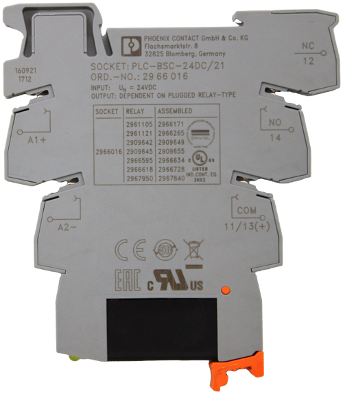 PHOENIX CONTACT GmbH & Co. KG 
 Flachsmarktstr. 8 
 32825 Blomberg, Germany 
 NC 
 -0 
 SOCKET: PLC-BSC-24DC/21 
 12 
 160921 
 1712 
 ORD .- NO .: 29 66 016 
 INPUT: UN = 24VDC 
 OUTPUT: DEPENDENT ON PLUGGED RELAY-TYPE 
 SOCKET 
 RELAY 
 ASSEMBLED 
 2961105 
 2966171 
 NO 
 2961121 
 2966265 
 o 
 A1+ 
 2909642 
 2909649 
 DNV.GL 
 14 
 2966016 
 2909645 
 2909655 
 MARITIME 
 2966595 
 2966634 ¢ 
 US 
 2966618 
 2966728 
 LISTED 
 2967950 
 2967840 IND.CONT. EQ. 
 3NX3 
 COM 
 $728 
 A2- 
 11/13(+) 
 CEO X 
 ЕАС С ЯШ 
 us