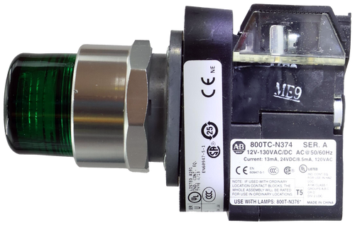ME9 
 CE NE 
 25 
 AB 
 800TC-N374 
 SER. A 
 QUALITY 
 12V-130VAC/DC AC@50/60Hz 
 Current: 13mA, 24VDC/8.5mA, 120VAC 
 CE 6DA7-1 
 EN 
 CCC ) 
 -m 
 SP 
 YL 
 ISTED 
 2 
 IND CONT EQ 
 EN60947-5-1 
 5 
 FOR USE IN HAZ 
 NOTE: IF USED WITH ORDINARY 
 LOC 
 LOCATION CONTACT BLOCKS, THE 
 A196 CLASS 1 
 D. CONT. EQ 
 WHOLE ASSEMBLY WILL BE RATED 
 GROUPS A. B.C 
 OR D 
 LISTED A191 
 FOR USE IN ORDINARY LOCATIONS 
 T5 
 IND. CON] 
 DIV 2 LOC 
 USE WITH LAMPS: 800T-N376* 
 MADE IN CHINA 
 SER