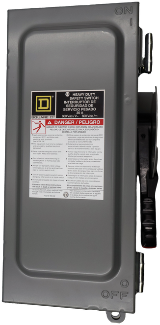 ON 
 HEAVY DUTY 
 SAFETY SWITCH 
 INTERRUPTOR DE 
 SEGURIDAD DE 
 SERVICIO PESADO 
 30 A 
 SQUARE D 
 600 Vac /V~ 600 Vdc / :.: 
 A DANGER / PELIGRO 
 AZARD OF ELECTRIC SHOCK, EXPLOSION, OR ARC FLASH 
 PELIGRO DE DESCARGA ELECTRICA, EXPLOSIÓN O 
 DESTELLO POR ARQUEO 
 MARQUES 
 Apply appropriate personal protective 
 · Utilice equipo de protección personal (EPP) 
 equipment (PPE) and follow safe 
 electrical work practices. 
 aproplado y siga las practicas de seguridad 
 eléctrica establecidas por su Compañía 
 See NFPA TOE. 
 (consulte la norma NEDS Suco 
 . This e 
 (consulte la norma NFPA 70E). 
 his equipment must only be installe 
 Solamente el personal eléctrico 
 and serviced by qualified electrical 
 personnel. 
 especializado deberá instalar y prestar 
 servicio de mantenimiento a este equipo. 
 Never operate energized switch with 
 door open. Keep door fastened. 
 . Nunca haga funcionar el interruptor con la 
 puerta abierta cuando este energizado. 
 Mantenga la puerta asegurada 
 Turn off switch before removing 
 installing fuses russlands 
 nstalling fuses or making lo 
 · Desenergice el interruptor antes de extraer 
 fusibles o de hacer conexiones 
 connections. 
 Always use a pt 
 casa das las pesto de hacer conexion 
 Always use a properly rated voltag 
 sensing device at all li 
 . Siempre utilice 
 · Siempre utilice un dispositivo de tensión 
 buonaseranice at all line and load fu 
 clips to confirm switch is of 
 nominal adecuado en los cline pora feibl 
 Saladas adecuado en los clips para fusible 
 de los lados de carga 
 carga y línea para confirmar 
 Turn off power supplying switch before 
 la desenergización del interruptor. 
 desenergizacion del interruptor. 
 doing any other work on or inside swit 
 · Desenergice el interruptor antes de realizar 
 rruptor antes de re 
 Do not use renewable link fuses in fused 
 cualquier otro trabajo en el interruptor. 
 switches. 
 · No ut 
 ailure to follow these instructions 
 se aulice fusibles de cinta renovables en 
 los interruptores de fusible. 
 will result in death or serious injury. 
 El incumplimiento de estas precauciones 
 To lock out switch 
 arte o lesiones se 
 podrá causar la muerte o lesiones serias 
 To lock out switch, place padlock has 
 handle. 
 ce padlock has 
 through hole in lockplate and above 
 del a bloquear el interruptor, la aldaba 
 40275-990-02 
 de candado debe pasar por el aguje 
 encima de la maniisaco 
 O 
 OFF