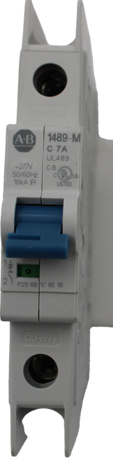 A-B 
 1489-M 
 C 7A 
 UL489 
 100771468 
 ~277V 
 C.B. 
 50/60Hz 
 C(BL) US 
 10kA IR 
 LISTED 
 SR5 Legacy # / CRet 
 1 AMP CIRCUIT BREAKER 
 O 
 2 
 P25 8B |1C 8E 1B 
 CU-only